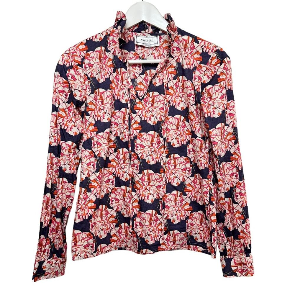 Annelore NYC Floral Blouse Top Cotton Pink Navy Blue High Neck Long Sleeve 2